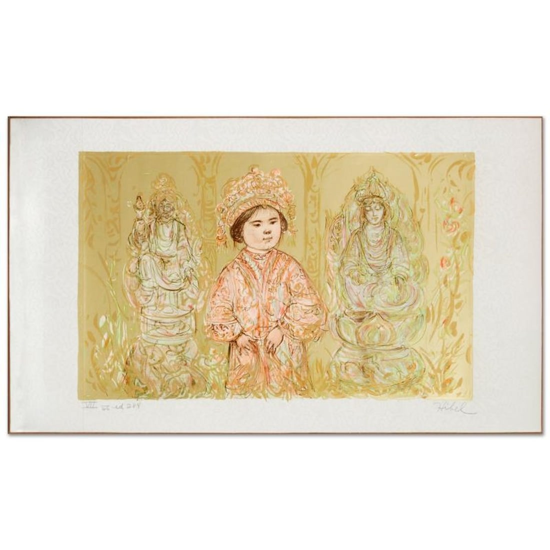 Willie and Two Quan Yins Limited Edition Lithograph by Edna Hibel (1917-2014), Numbered and Hand: Willie and Two Quan Yins is a limited edition lithograph on deluxe Japon paper, numbered and hand signed by Edna Hibel (1917-2014). Includes Certificate of Authenticity! Measures approx. 21.5" x 13" (