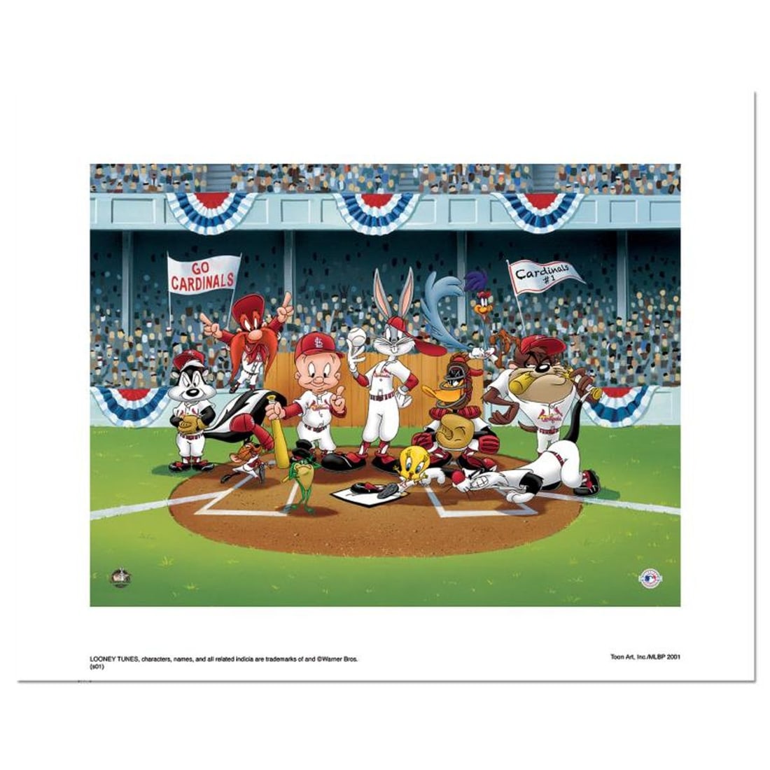 Line Up At The Plate (Cardinals) is a Limited Edition Giclee from Warner Brothers with Hologram Seal: Line Up At The Plate (Cardinals) is a limited edition giclee on paper from Warner Brothers featuring iconic Looney Tunes characters in St. Louis Cardinals MLB uniforms. It comes numbered, with hologra