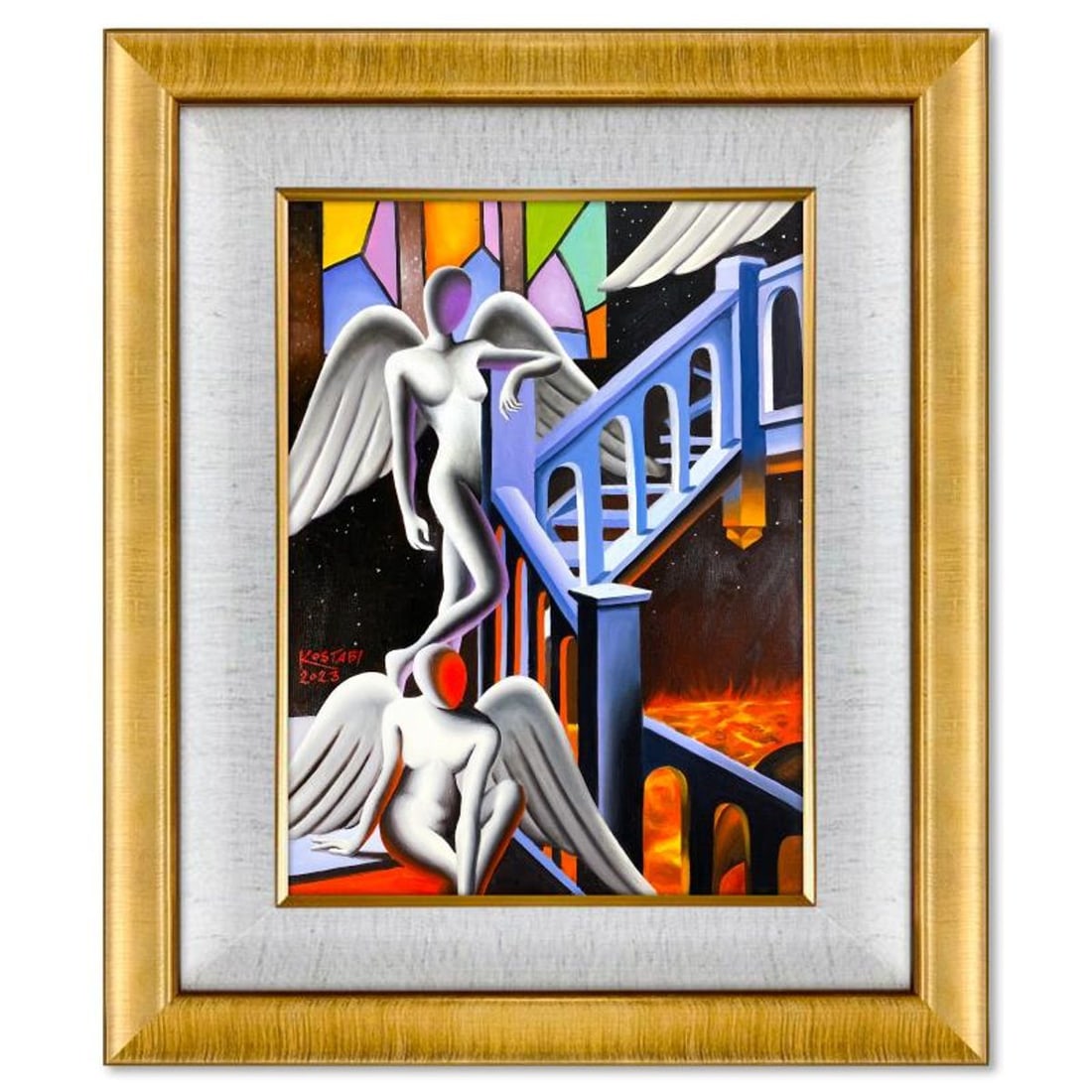 Mark Kostabi, "Spiritual Transition" Framed Original Oil Painting on Canvas, Hand Signed with COA: Spiritual Transition is an original oil painting on canvas by Mark Kostabi, hand signed by the artist. This piece comes custom framed. Includes Certificate of Authenticity. Measures approx. 34.5" x 28