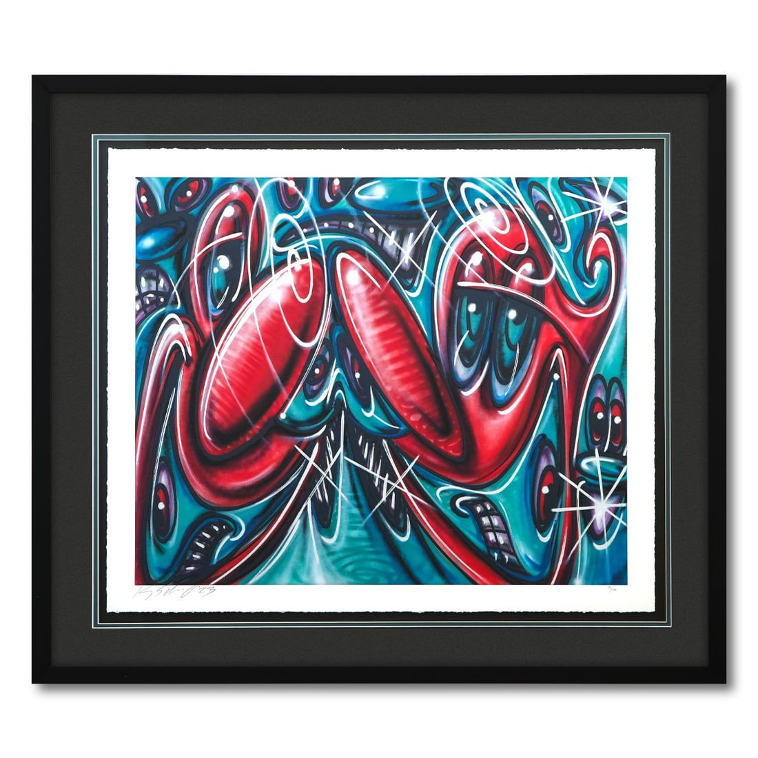 Kenny Scharf- Silkscreen on Archival Deckled Edge Paper "NEWAZY": Artist: Kenny Scharf. Medium: Silkscreen on Archival Deckled Edge Paper. Title: NEWAZY. Size: 25" x 29". Measures approx. 33" x 37" (framed). Signature: Hand signed and numbered. Certificate of Authen