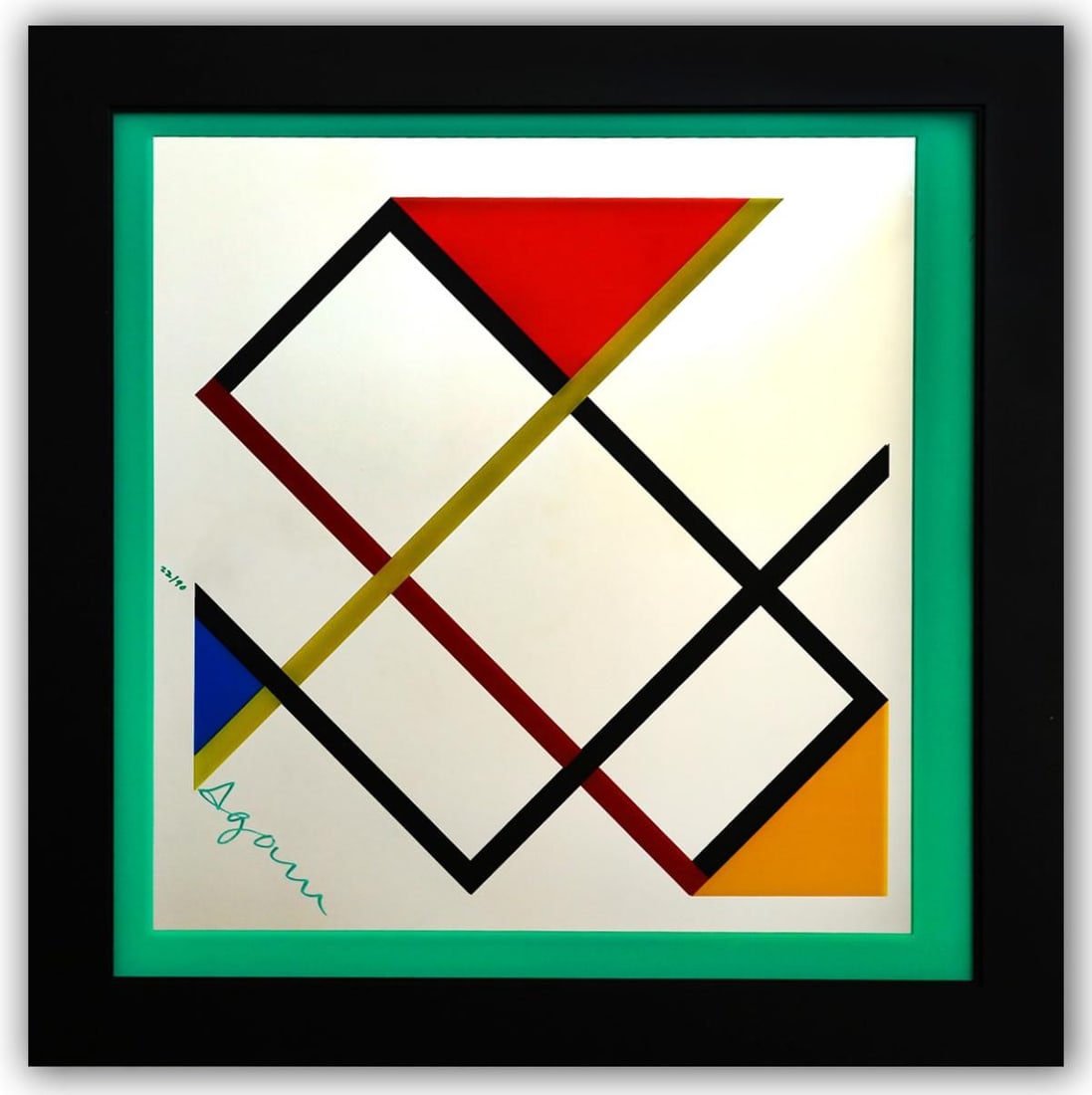 Yaacov Agam- Color Serigraph with Pigments on Glass Mirror "Homage to Mondrian": Artist: Yaacov Agam. Medium: Color Serigraph with Pigments on Glass Mirror. Title: Homage to Mondrian. Size: 28" x 28". Measures approx. 34" x 34" (framed). Signature: Hand Signed and Numbered by the 