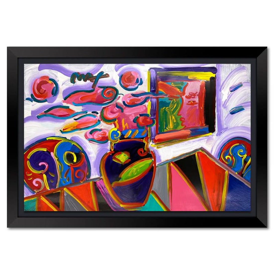 Peter Max, "The Room" Framed One-of-a-Kind Mixed Media, Hand Signed with Registration Number: The Room is a one-of-a-kind mixed media on paper, hand signed by Peter Max. The piece comes custom framed with a backside cutout to display Peter Max Studio registration number 257178 certifying authe