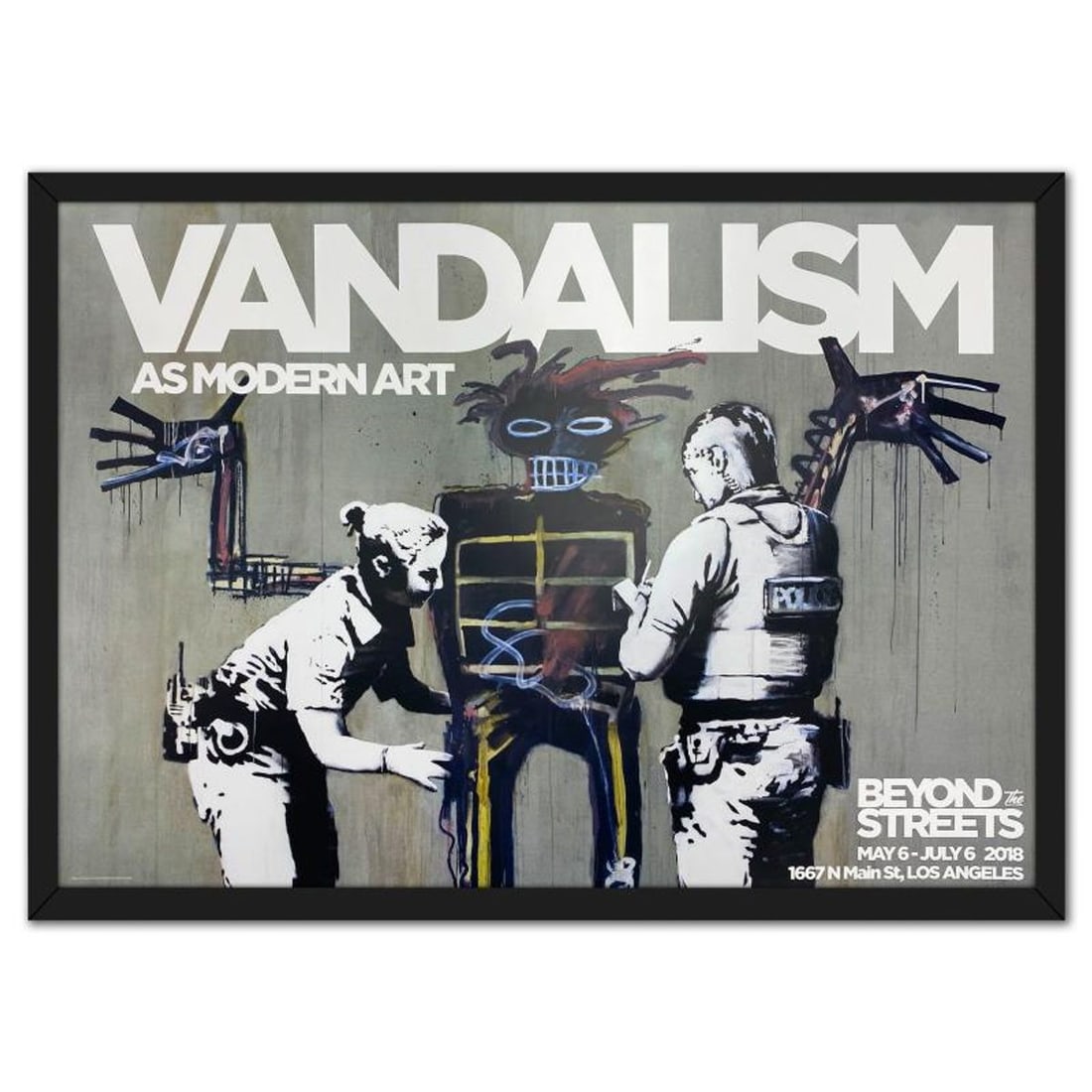 Banksy, "Vandalism as Modern Art - Beyond the Streets" Framed Poster (2018).: Vandalism as Modern Art - Beyond the Streets is an original event poster for the Modern Art Show in Los Angeles featuring "Boy and Dog in a Stop Search" by Banksy (2018). This piece comes custom frame