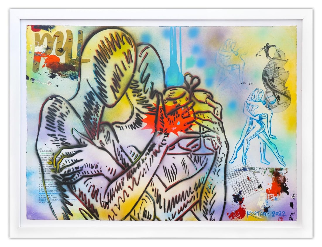 Mark Kostabi- Original Mixed Media on Paper "Celebrating Now": Artist: Mark Kostabi. Medium: Original Mixed Media on Paper. Title: Celebrating Now. Size: 30" x 40". Measures approx. 35" x 47" (framed). Signature: Hand Signed by the artist. Certificate of Authenti