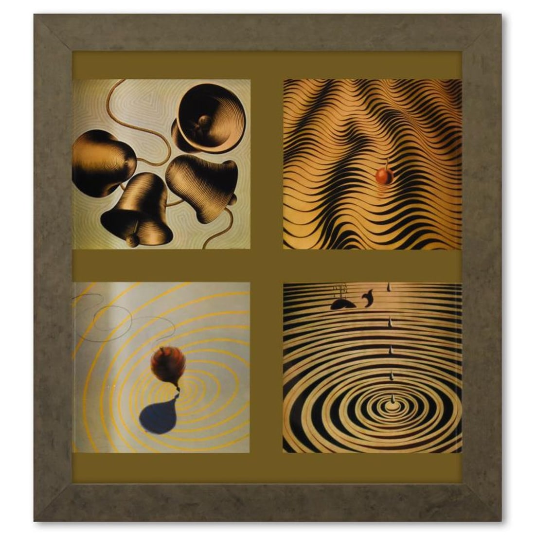 Victor Vasarely (1908-1997), "Etude De Mouvement (Peche, Anneaux, Les Cloches, Toupie) de la serie: Etude De Mouvement (Peche, Anneaux, Les Cloches, Toupie) de la serie Graphismes 1 is a heliogravure print on paper, published in 1977, by Victor Vasarely (1908-1997). This piece comes custom framed, w