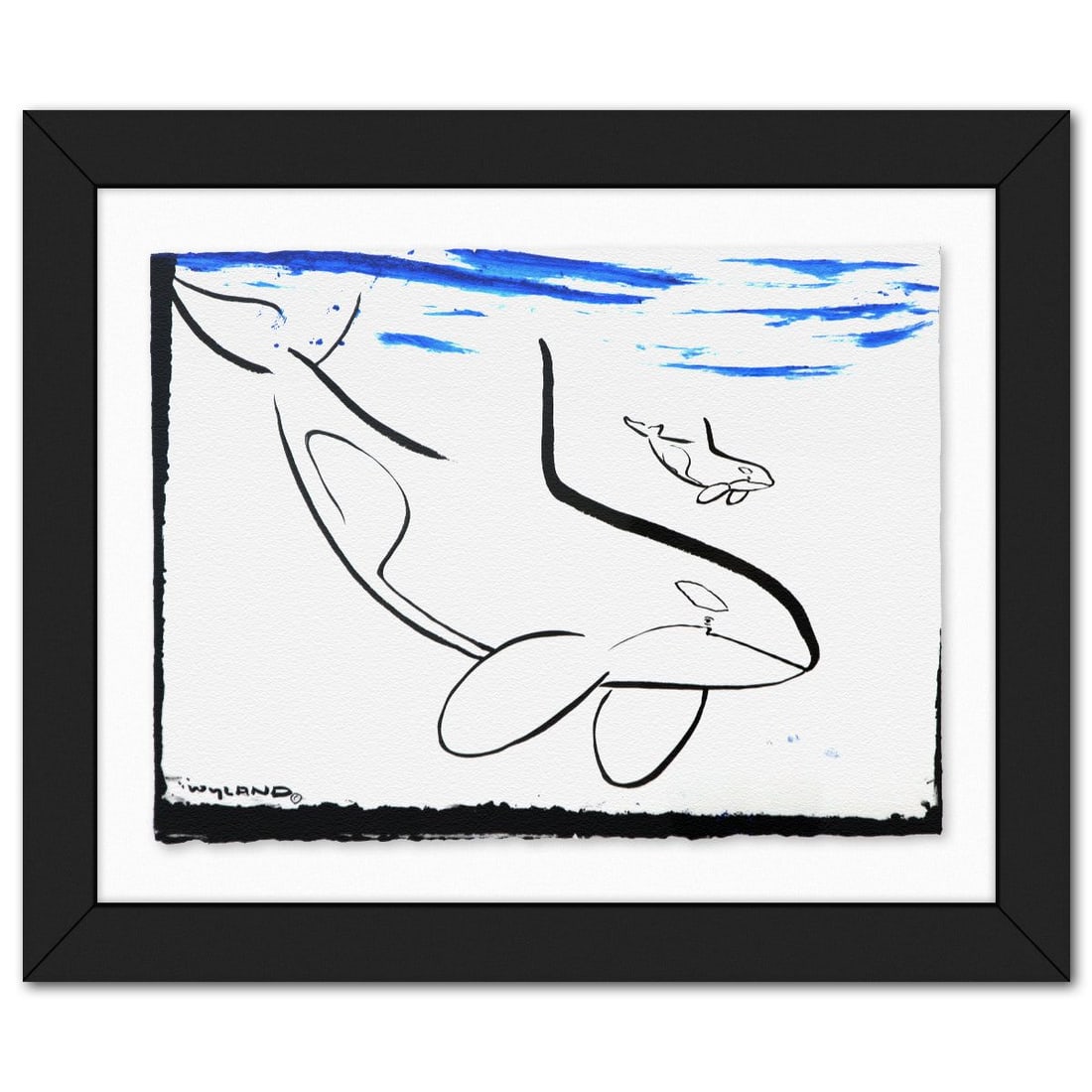 Wyland- Original Sumi Ink Painting "Orca & Calf": Artist: Wyland. Medium: Original Sumi Ink Painting. Title: Orca & Calf. Size: 23" x 30". Measures approx. 33" x 40" (framed). Signature: Hand signed by the artist. Certificate of Authenticity: Is incl