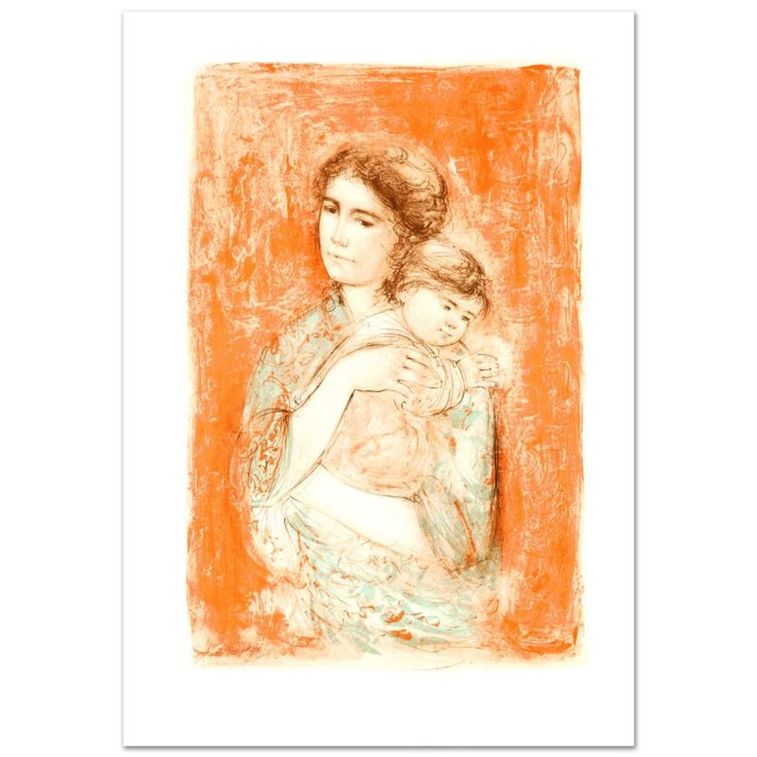 Leona and Baby Limited Edition Lithograph by Edna Hibel (1917-2014), Numbered and Hand Signed with: Leona and Baby is a limited edition lithograph on paper, numbered and hand signed by Edna Hibel (1917-2014). Includes Certificate of Authenticity! Measures approx. 25" x 35.5" (with border), 19" x 29"