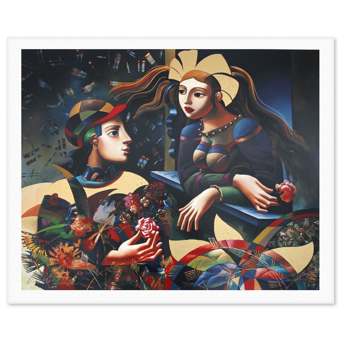 Oleg Zhivetin- Silkscreen "Visit in the Garden": Artist: Oleg Zhivetin. Medium: Silkscreen. Title: Visit in the Garden. Size: 34" x 40". Signature: Hand signed and numbered. Reference#: 74701.