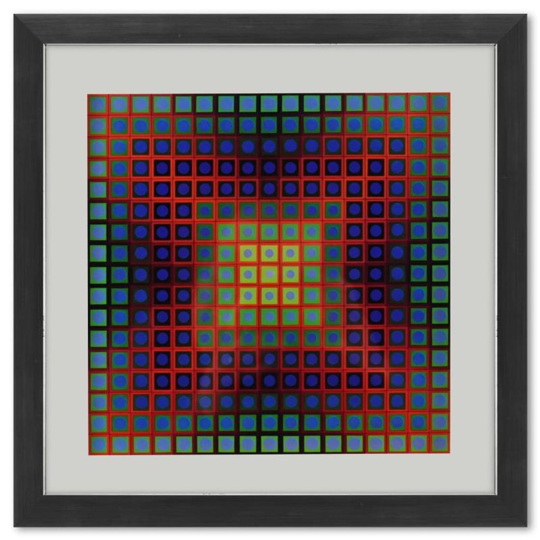 Victor Vasarely (1908-1997), "Kezdi de la serie Folklore Planetaire" Framed 1971 Heliogravure Print: Kezdi de la serie Folklore Planetaire is a heliogravure print on paper, published in 1971, by Victor Vasarely (1908-1997). This piece comes custom framed, with a letter of authenticity and with a 1976