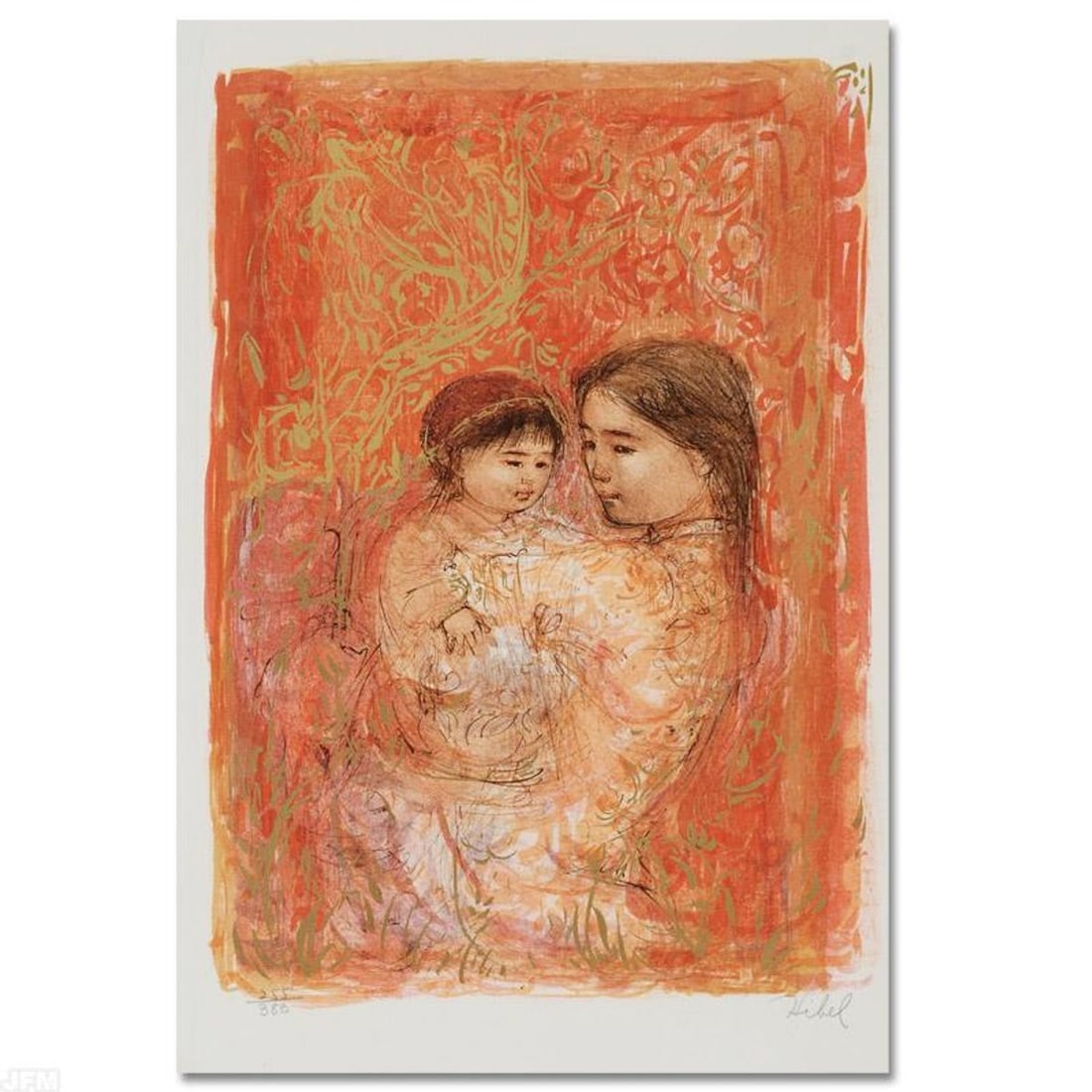 Thai Family Limited Edition Lithograph by Edna Hibel (1917-2014), Numbered and Hand Signed with: Thai Family is a limited edition lithograph on paper, numbered and hand signed by Edna Hibel (1917-2014). Includes Certificate of Authenticity! Measures approx. 13" x 20" (with border), 11" x 16" (ima