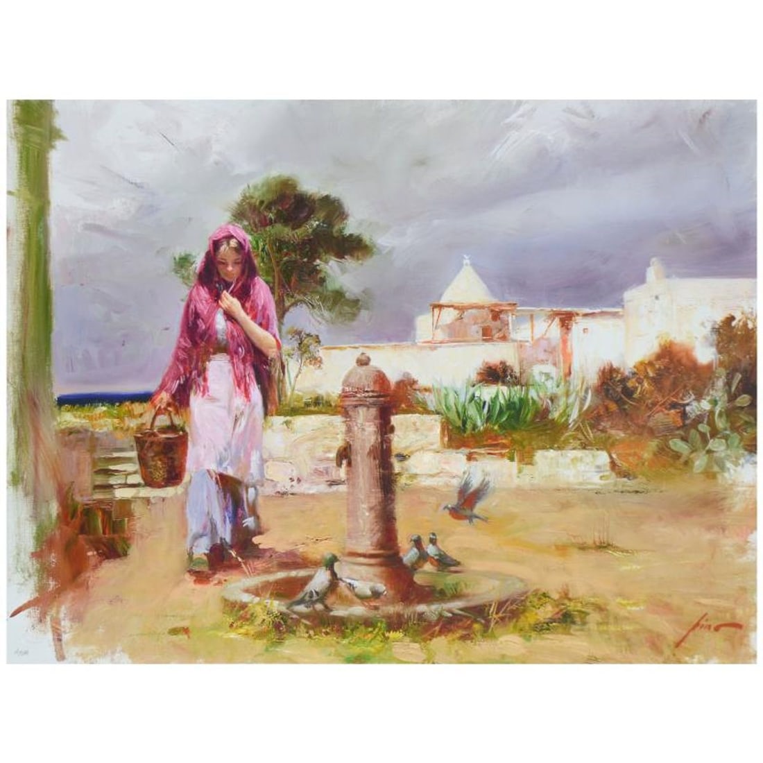 Pino (1939-2010), "The Water Fountain" Limited Edition Hand Embellished Giclee on Canvas. Numbered: Pino's portraits allow glimpses into intensely personal, intimate spaces, conveying emotion through rich, warm color and sensual brushwork. "The Water Fountain" is a hand embellished limited edition g