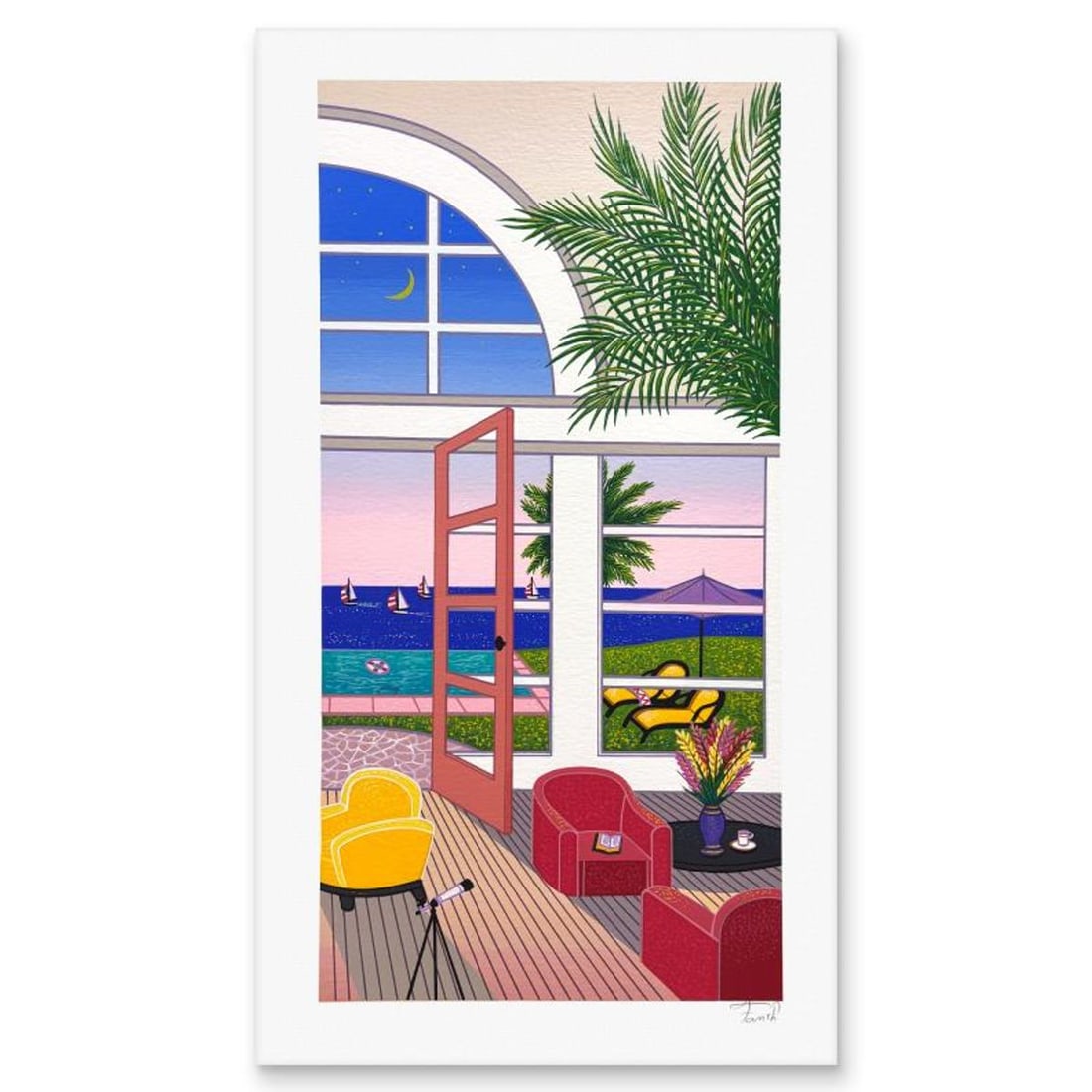 Fanch Ledan, "Poolhouse in Palm Beach" Limited Edition Serigraph, EA Numbered and Hand Signed with: Poolhouse in Palm Beach is a limited edition serigraph on paper by Fanch Ledan, EA numbered and hand signed by the artist. Includes Letter of Authenticity. Measures approx. 20" x 11" (border), 17.5" x