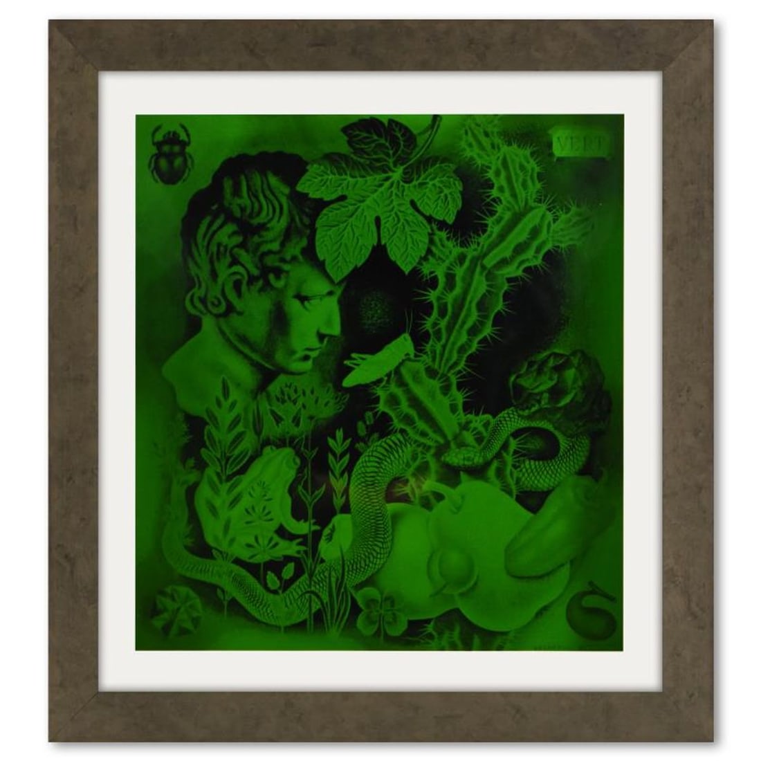 Victor Vasarely (1908-1997), "Etude En Vert de la serie Graphismes 2" Framed 1977 Heliogravure Print: Etude En Vert de la serie Graphismes 2 is a heliogravure print on paper, published in 1977, by Victor Vasarely (1908-1997). This piece comes custom framed, with a letter of authenticity and with a 197