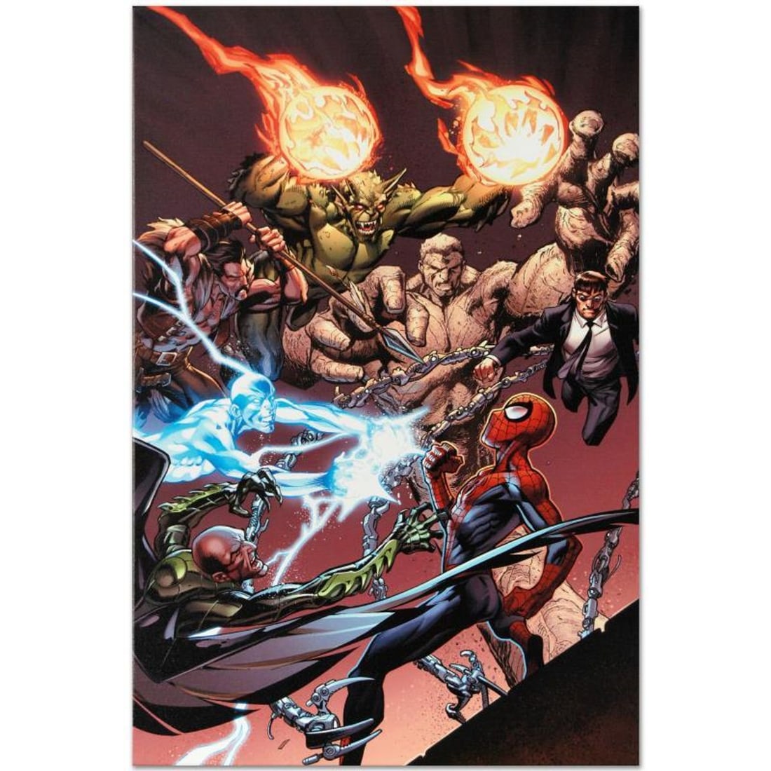 Marvel Comics "Ultimate Spider-Man #158" Numbered Limited Edition Giclee on Canvas by Mark Bagley: A piece of comic book history, this limited edition, from original art by Mark Bagley, depicts Spider-Man, Electro, Vulture, Kraven the Hunter, Green Goblin, Sandman, and Dr. Octopus. Mark Bagley got 