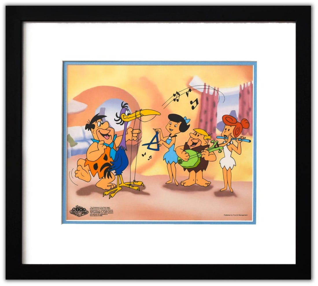 HANNA-BARBERA- Sericel "Fred Plays the Harp": Artist: HANNA-BARBERA. Medium: Sericel. Title: Fred Plays the Harp. Size: 10" x 12". Measures approx. 18" x 20" (framed). Certificate of Authenticity: Is included. Additional: Custom framed. This trul