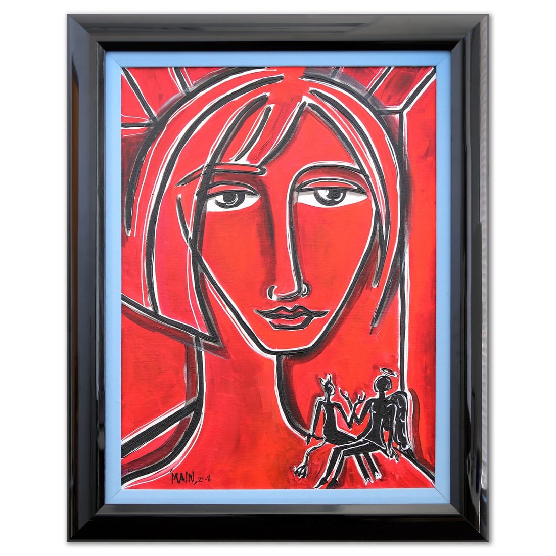 Jennifer Main- Oil on Canvas "Red Face with Angel and Devil": Artist: Jennifer Main. Medium: Oil on Canvas. Title: Red Face with Angel and Devil. Size: 23" x 17.5". Measures approx. 30" x 24" (framed). Signature: Hand Signed. Certificate of Authenticity: Is