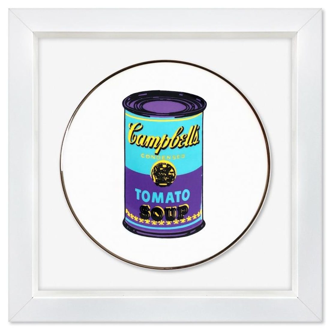 Andy Warhol (1928-1987), "Campbell (Turquoise/Purple)" Framed Limoges Porcelain Plate.: Campbell (Turquoise/Purple) is a Limoges porcelain plate bearing the plate signature inverso of Andy Warhol (1928-1987). This plate is custom framed and floated on linen. Measures approx. 13.5" x