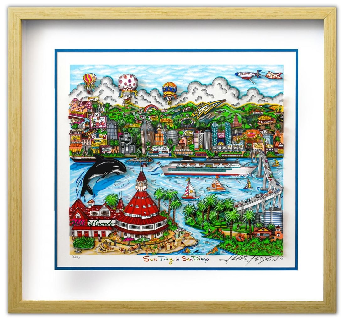 Charles Fazzino- 3D Construction Silkscreen Serigraph "Sun Day in San Diego (Blue)": Artist: Charles Fazzino. Medium: 3D Construction Silkscreen Serigraph. Title: Sun Day in San Diego (Blue). Size: 16" x 18". Measures approx. 24.5" x 26" (framed). Signature: Hand Signed and Numbered. 