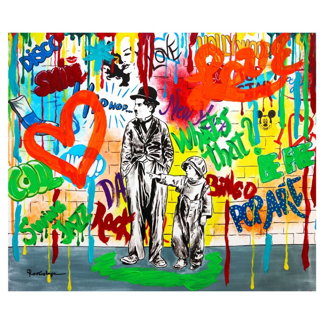 Nastya Rovenskaya- Mixed Media on Canvas "Wanna be like Chaplin": Artist: Nastya Rovenskaya. Medium: Mixed Media on Canvas. Title: Wanna be like Chaplin. Size: 16" x 20". Signature: Hand signed. Certificate of Authenticity: Is included. Reference#: 49409.