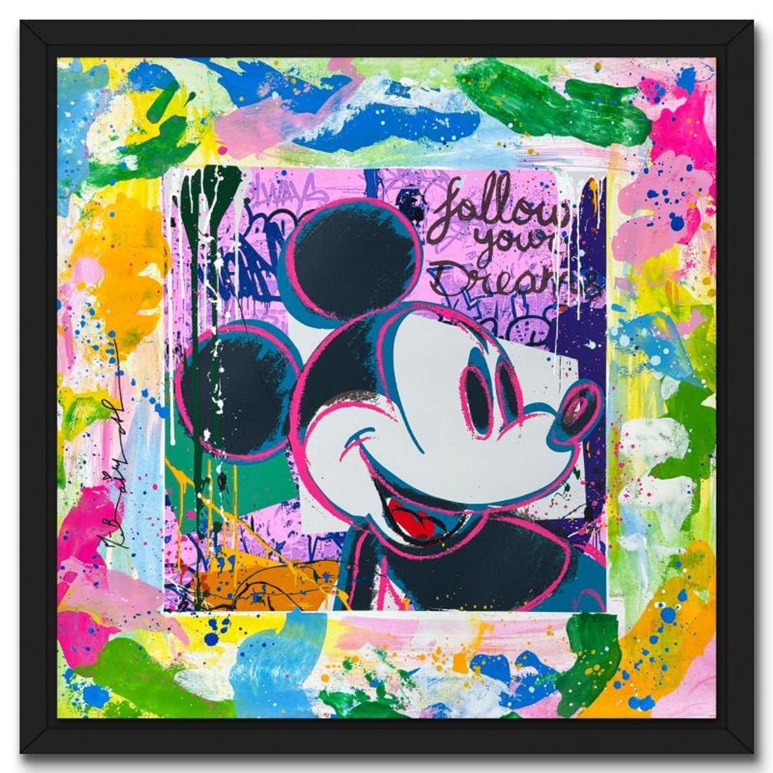 Mr. Brainwash, "Follow Your Dreams" Framed Unique (UNIQ) Mixed Media, Hand Signed with Certificate: Follow Your Dreams is a unique (UNIQ) mixed media on deckle edge paper by Mr. Brainwash, hand signed and bearing the thumbprint of the artist en verso. This piece comes custom framed. Includes Certifi