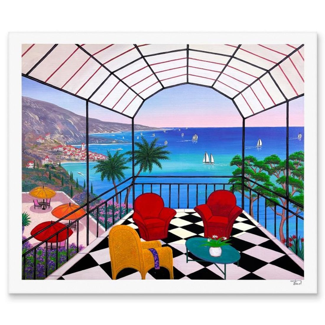 Fanch Ledan, "Riviera Vista" Limited Edition Serigraph, AP Numbered and Hand Signed with Letter of: Riviera Vista is a limited edition serigraph on paper by Fanch Ledan, AP numbered and hand signed by the artist. Includes Letter of Authenticity. Measures approx. 19.5" x 23" (border), 17.5" x 21"