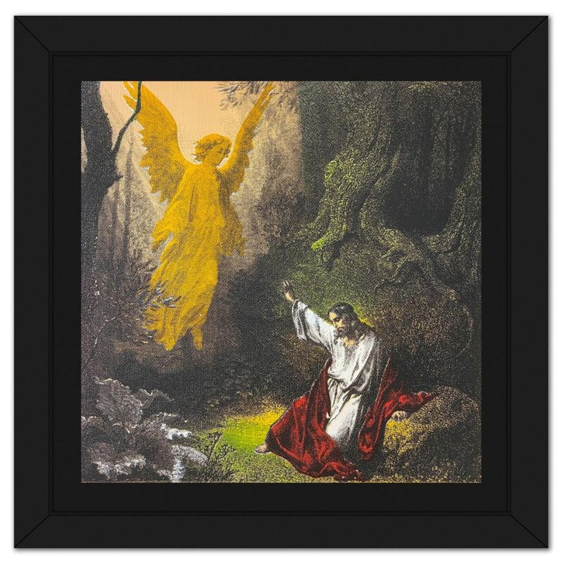 Steve Kaufman (1960-2010), "Jesus and the Angel" Framed Hand Embellished Limited Edition Silscreen,: Jesus and the Angel is a hand embellished limited edition silkscreen on canvas by Andy Warhol protege, Steve Kaufman (1960-2010), numbered AP 9/50 inverso and hand signed by the artist. This piece com