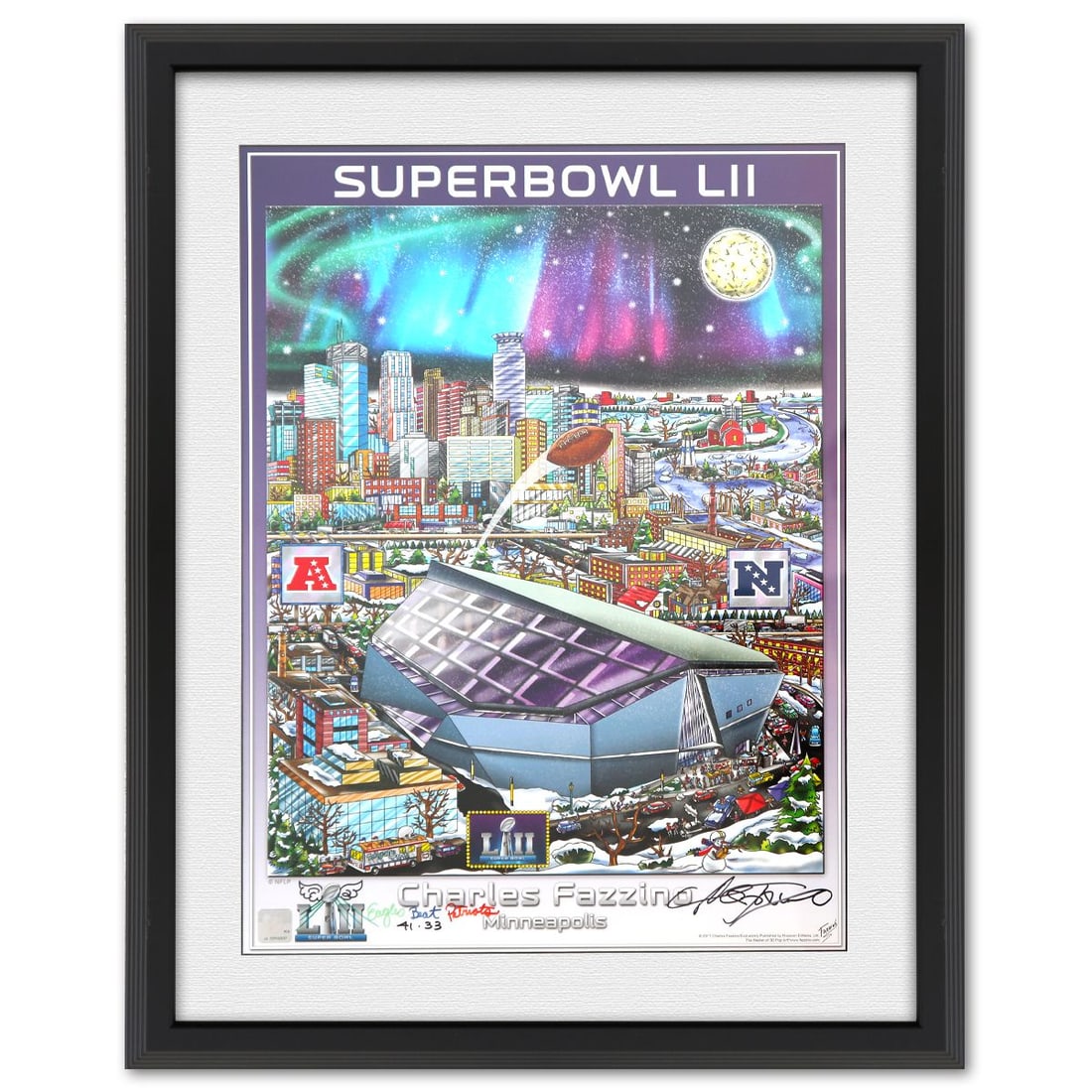 Charles Fazzino- Poster "Super Bowl Lll": Artist: Charles Fazzino. Medium: Poster. Title: Super Bowl Lll. Size: 24" x 18". Measures approx. 30" x 25" (framed). Signature: Hand Signed. Certificate of Authenticity: Is included. Reference#: 1000