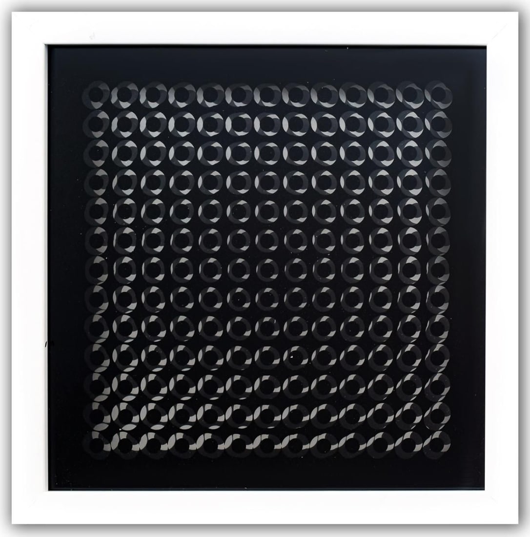Victor Vasarely- 3D Wall Sculpture/object "Trois Dimensions Optique de la serie Cinetiques": Artist: Victor Vasarely. Medium: 3D Wall Sculpture/object. Title: Trois Dimensions Optique de la serie Cinetiques. Size: 10" x 10". Measures approx. 12" x 12" (framed). Additional: Custom Framed. 2