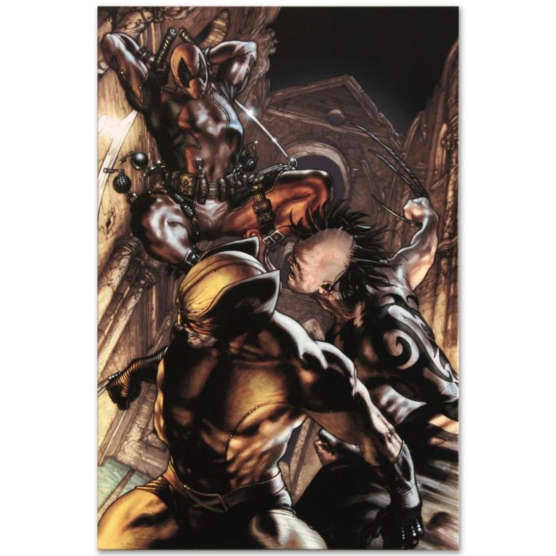 Marvel Comics "Wolverine: Origins #25" Numbered Limited Edition Giclee on Canvas by Simone Bianchi: A piece of comic book history, this limited edition, from original art by Simone Bianchi, depicts the classic characters Wolverine, Deadpool and Daken. Known for his use of ink wash in his work, Simon