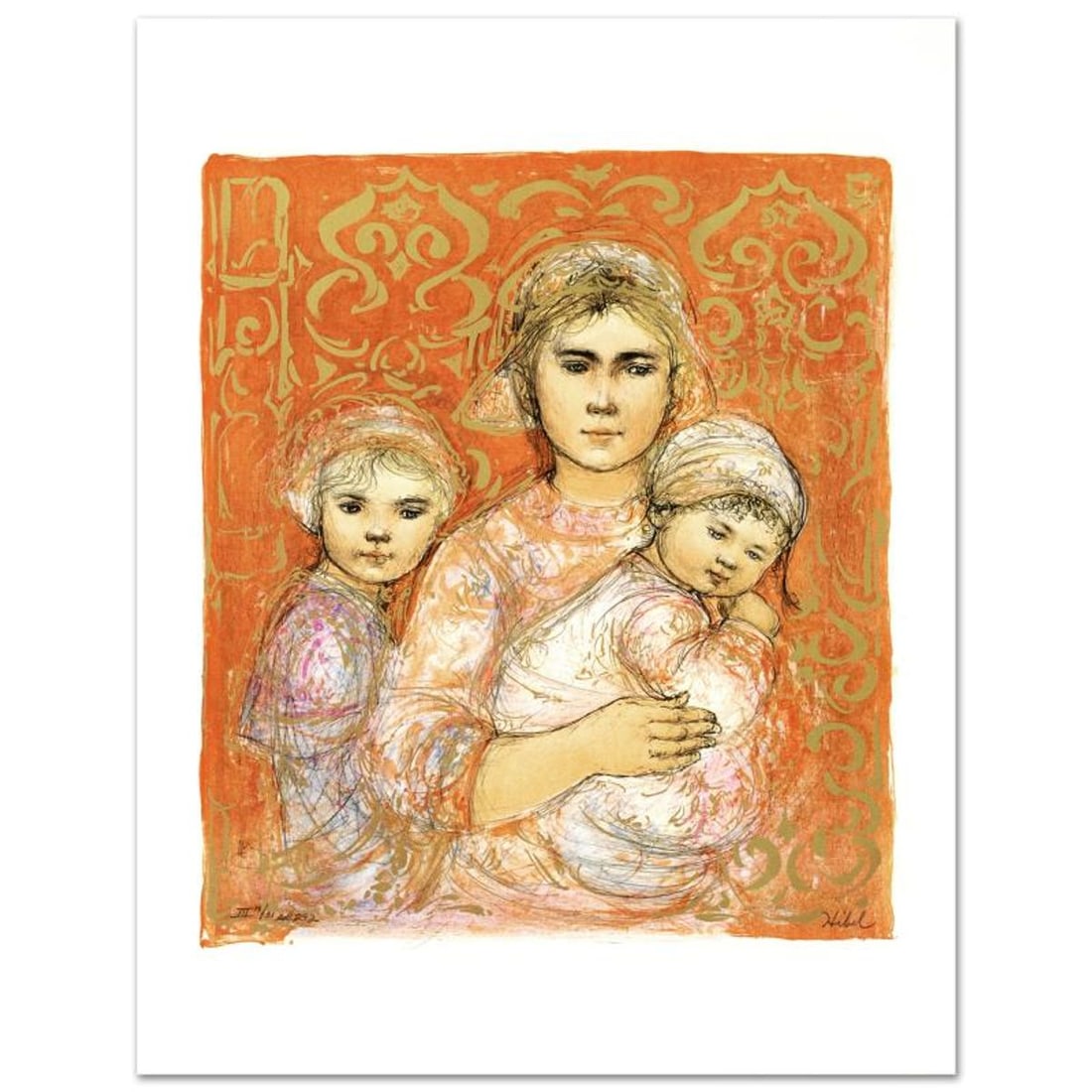 Jenet, Mary and Wee Jenet Limited Edition Lithograph by Edna Hibel (1917-2014), Numbered and Hand: Jenet, Mary and Wee Jenet is a limited edition lithograph on paper, numbered and hand signed by Edna Hibel (1917-2014). Includes Certificate of Authenticity! Measures approx. 20" x 26" (with border), 