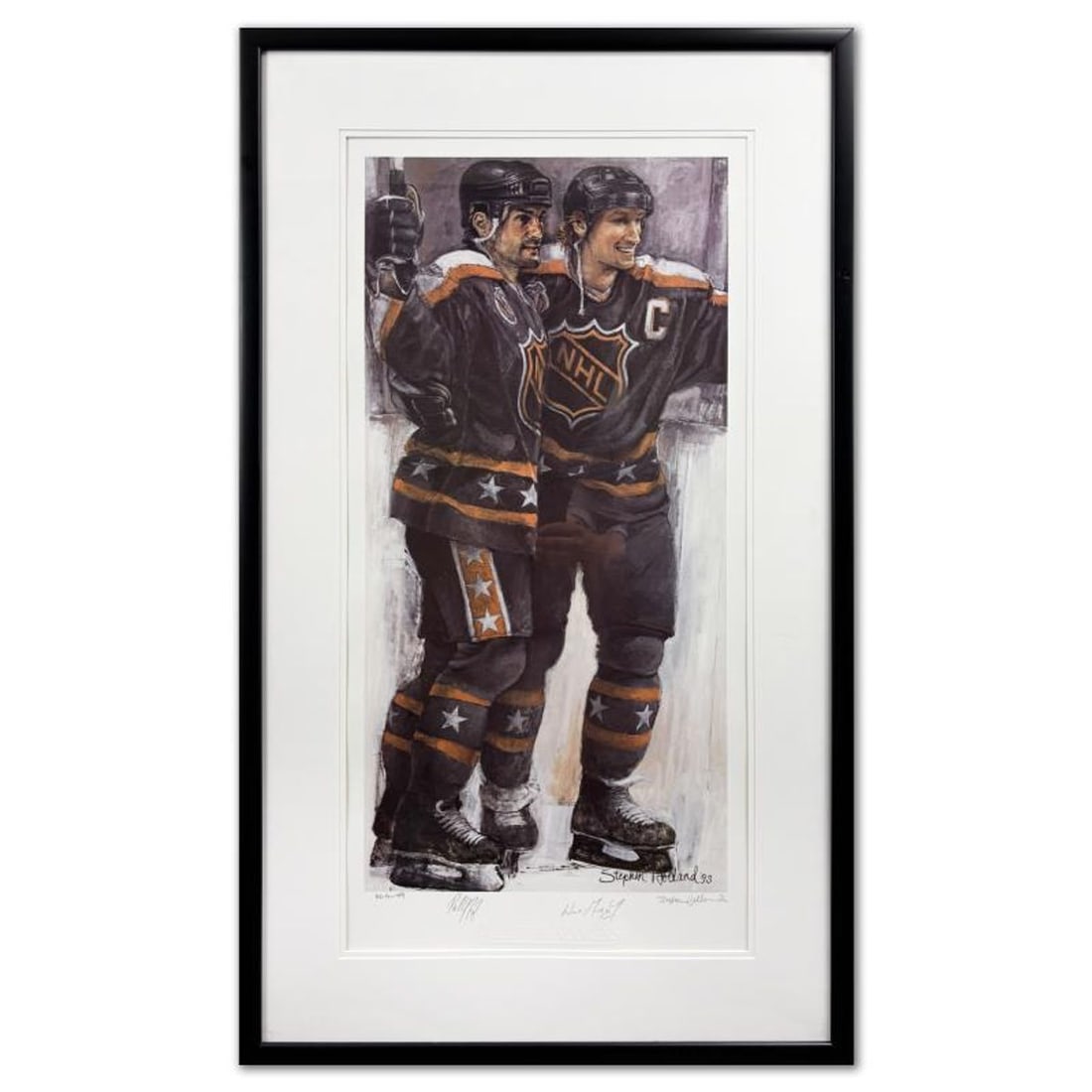 Stephen Holland, "All Time Scorers" Framed Limited Edition Offset Lithograph, HC Numbered 16/99 and: All Time Scorers is a limited edition offset lithograph on paper by Stephen Holland, HC numbered 16/99 and hand signed by the artist and Wayne Gretzky. This piece comes framed. Includes Certificate of