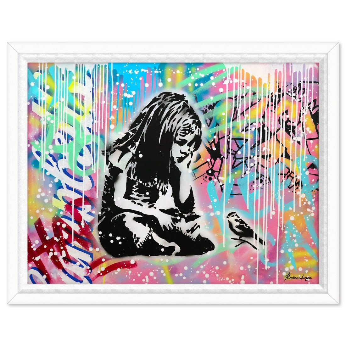 Nastya Rovenskaya- Original Oil on Canvas "Innocence Amidst Chaos": Artist: Nastya Rovenskaya. Medium: Original Oil on Canvas. Title: Innocence Amidst Chaos. Size: 30" x 40". Measures approx. 34" x 44" (framed). Signature: Hand signed. Certificate of Authenticity: Is 