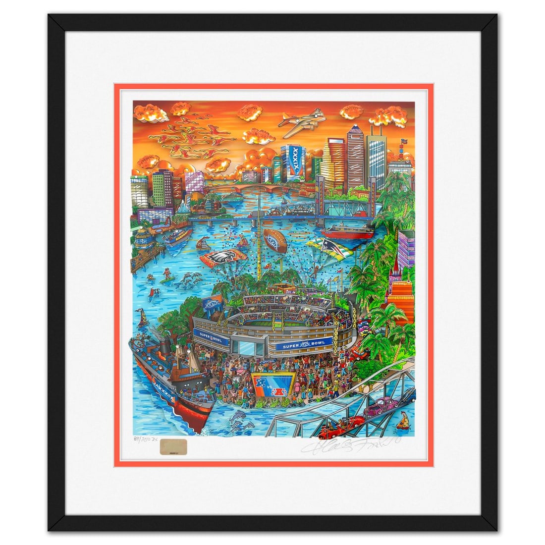Charles Fazzino- 3D Construction Silkscreen Serigraph "Super Bowl": Artist: Charles Fazzino. Medium: 3D Construction Silkscreen Serigraph. Title: Super Bowl. Size: 17" x 14". Measures approx. 23" x 20" (framed). Signature: Hand signed and numbered. Certificate of Auth