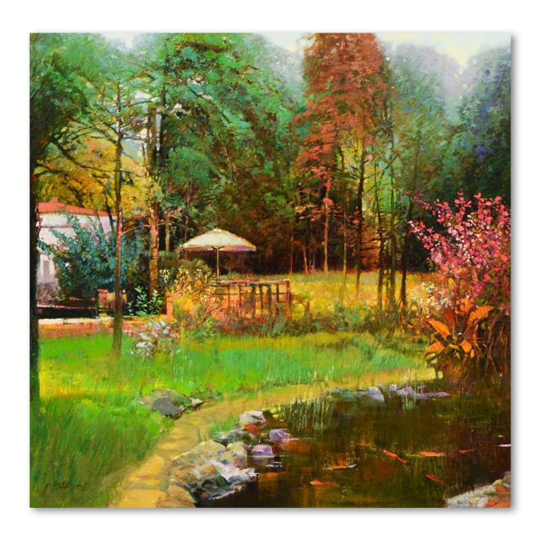 Ming Feng, "Autumn Retreat" Original Oil Painting on Canvas, Hand Signed with Letter of: Autumn Retreat is an original oil painting on stretched canvas by Ming Feng, hand signed by the artist. Includes Letter of Authenticity. Measures approx. 30" x 30" (image).