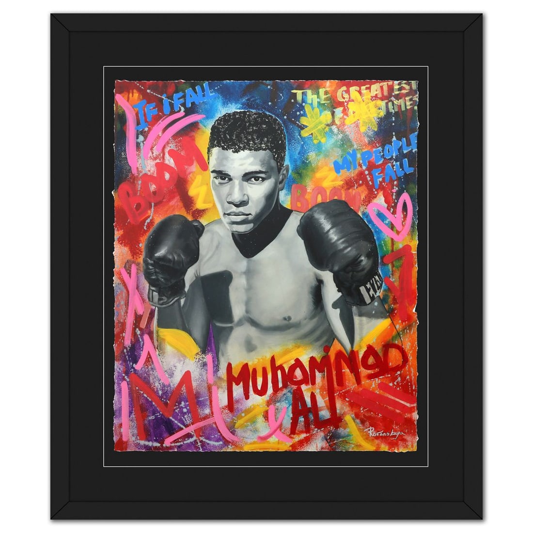 Nastya Rovenskaya- Original Mixed Media on Deckle Edge Paper "Ali The Greatest": Artist: Nastya Rovenskaya. Medium: Original Mixed Media on Deckle Edge Paper. Title: Ali The Greatest. Size: 30" x 24". Measures approx. 41" x 35" (framed). Signature: Hand signed. Certificate of Auth