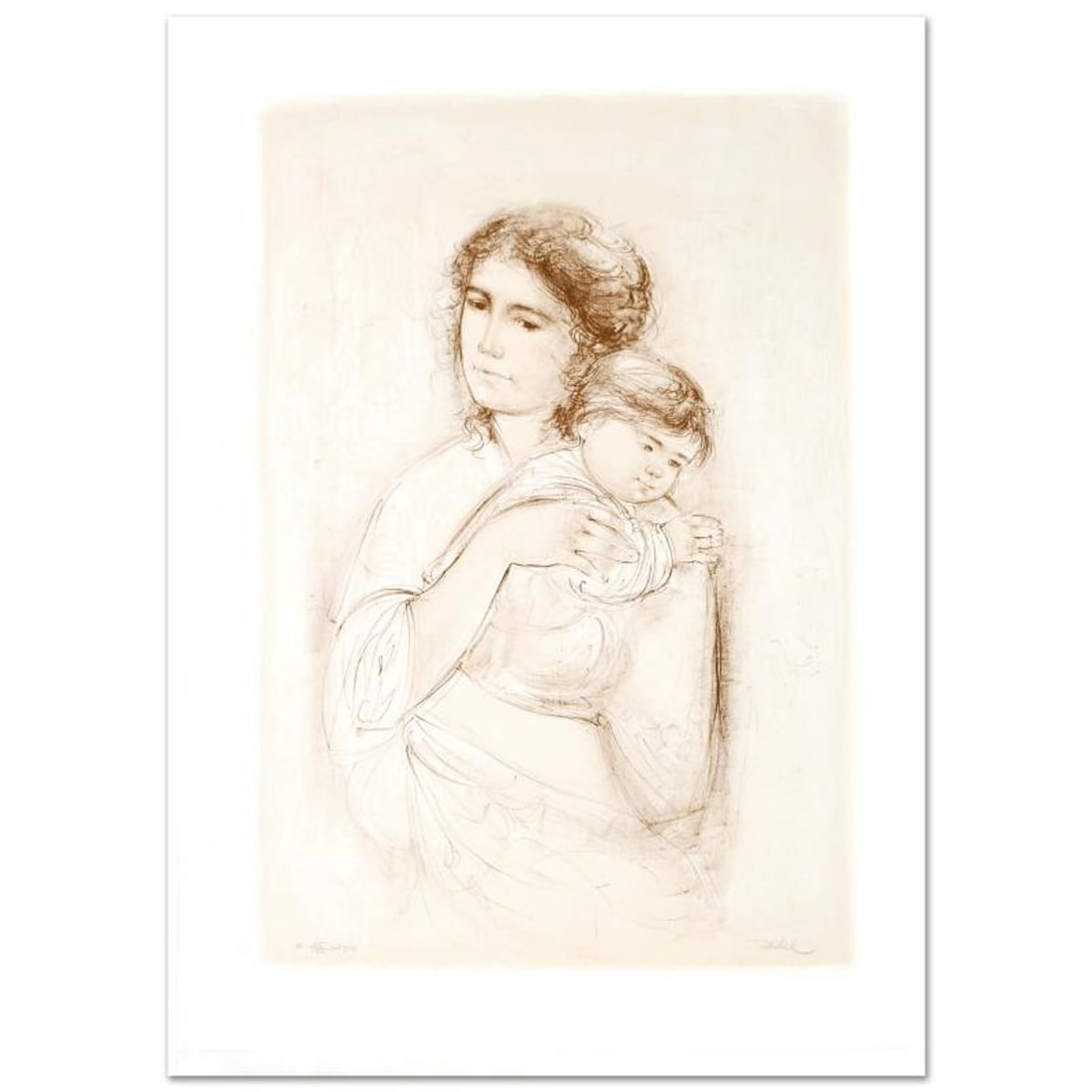 Leona and Baby Limited Edition Lithograph by Edna Hibel, Numbered and Hand Signed with Certificate: Leona and Baby is a limited edition lithograph on paper, numbered and hand signed by Edna Hibel. Includes Certificate of Authenticity! Measures approx. 25" x 35.5" (with border), 19" x 29" (image). Re