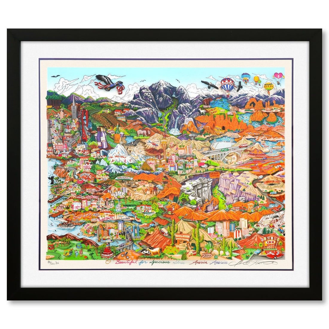 Charles Fazzino- 3D Construction Silkscreen Serigraph "O BEAUTIFUL FOR SPACIOUS SKIES": Artist: Charles Fazzino. Medium: 3D Construction Silkscreen Serigraph. Title: O BEAUTIFUL FOR SPACIOUS SKIES. Size: 26" x 32". Measures approx. 34" x 40" (framed). Signature: Hand signed and numbered.