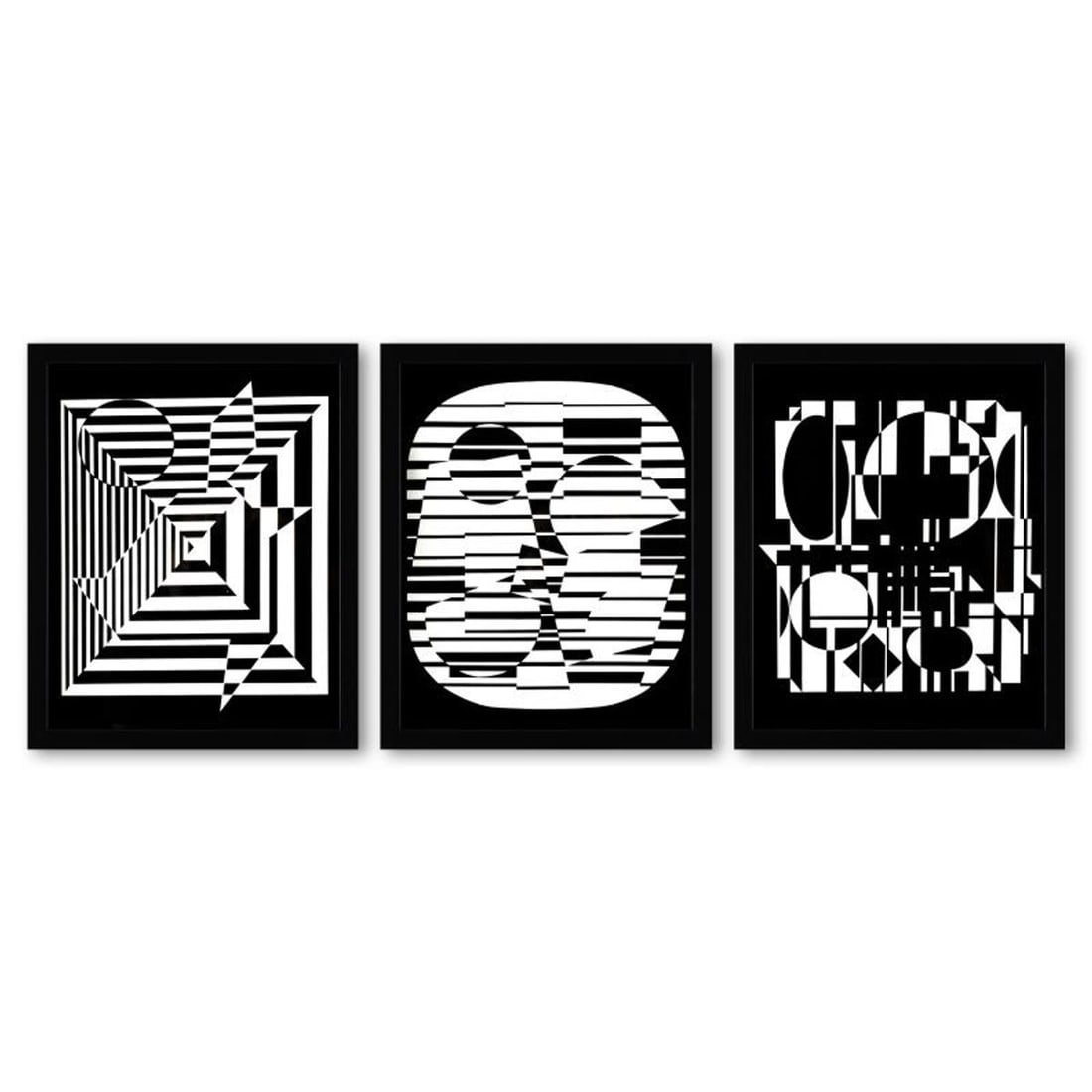 Victor Vasarely (1908-1997), "Zeta, Yablapour-II, et Anadyr de la serie Lineaires (Triptych)" Framed: Zeta, Yablapour-II, et Anadyr de la serie Lineaires (Triptych) is a set of heliogravure prints on paper, published in 1973, by Victor Vasarely (1908-1997). These pieces come custom framed, with a lett