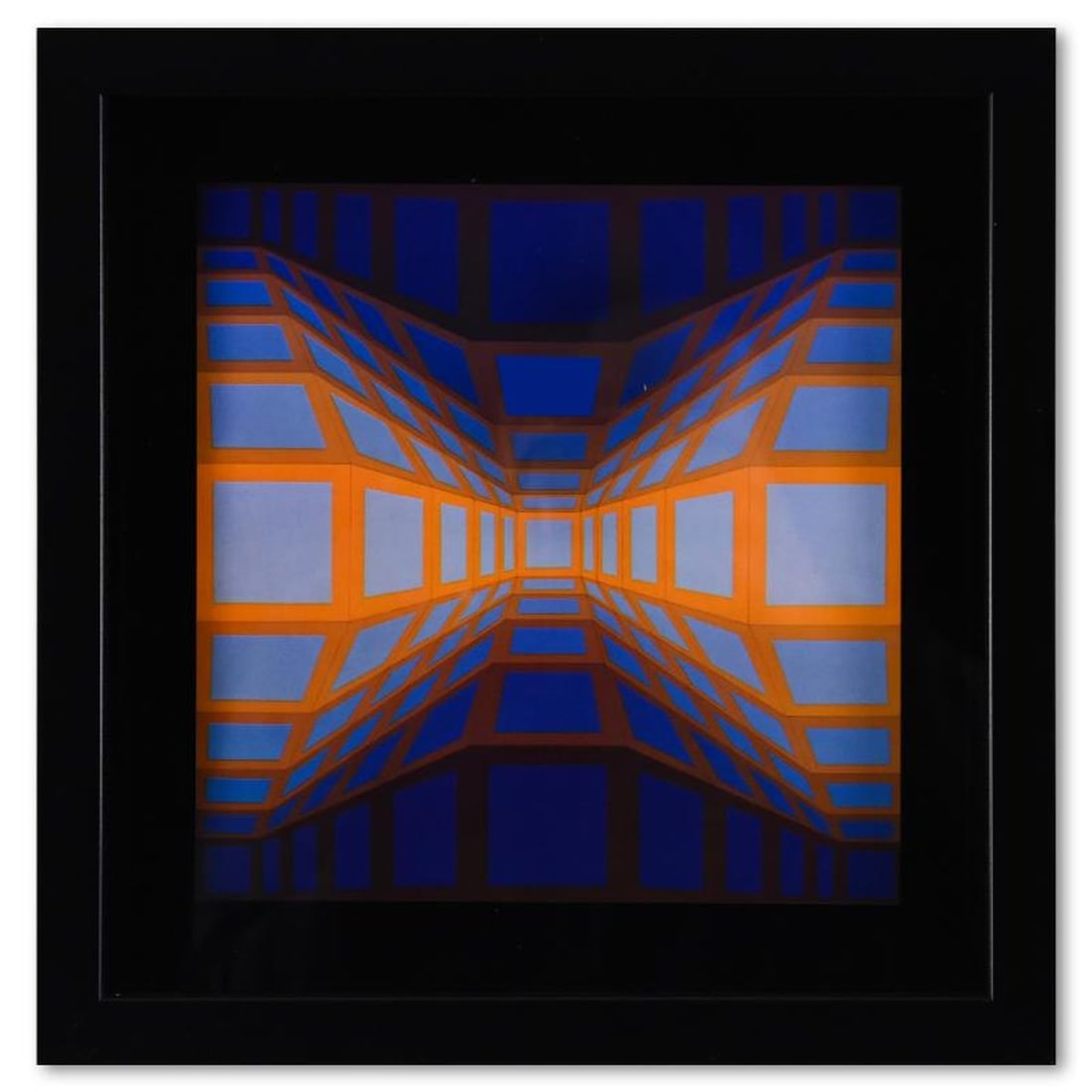 Victor Vasarely (1908-1997), "Kek - Eg - II de la serie Structures Universelles Du Damier" Framed: Kek - Eg - II de la serie Structures Universelles Du Damier is a heliogravure print on paper, published in 1975, by Victor Vasarely (1908-1997). This piece comes custom framed, with a letter of authen