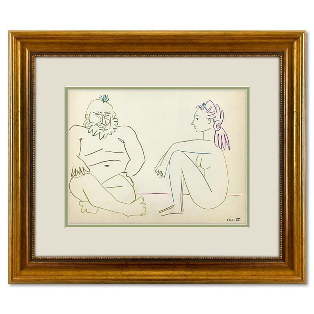 Pablo Picasso (1881-1973), "La Comedie Humaine 27.1.54-I" Framed Vintage Lithograph on Paper with: La Comedie Humaine 27.1.54-I is a vintage lithograph on paper by Pablo Picasso (1881-1973). This piece is from Picasso's Carnet de Californie Series and was printed in Paris, France by Mourlot Studios