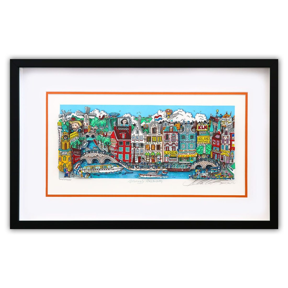 Charles Fazzino- 3D Construction Silkscreen Serigraph "Alluringly Amsterdam": Artist: Charles Fazzino. Medium: 3D Construction Silkscreen Serigraph. Title: Alluringly Amsterdam. Size: 9" x 19". Measures approx. 17.5" x 27.5" (framed). Signature: Hand Signed and numbered by the 