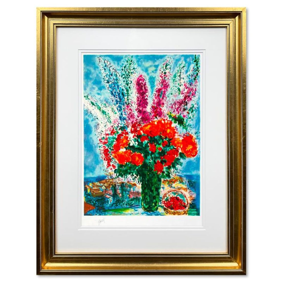 Chagall (1887-1985)- Lithograph "Le Bouquet De Renoncules": Artist: Chagall (1887-1985). Medium: Lithograph. Title: Le Bouquet De Renoncules. Size: 33.5" x 24". Measures approx. 44" x 42" (framed). Certificate of Authenticity: Is included.