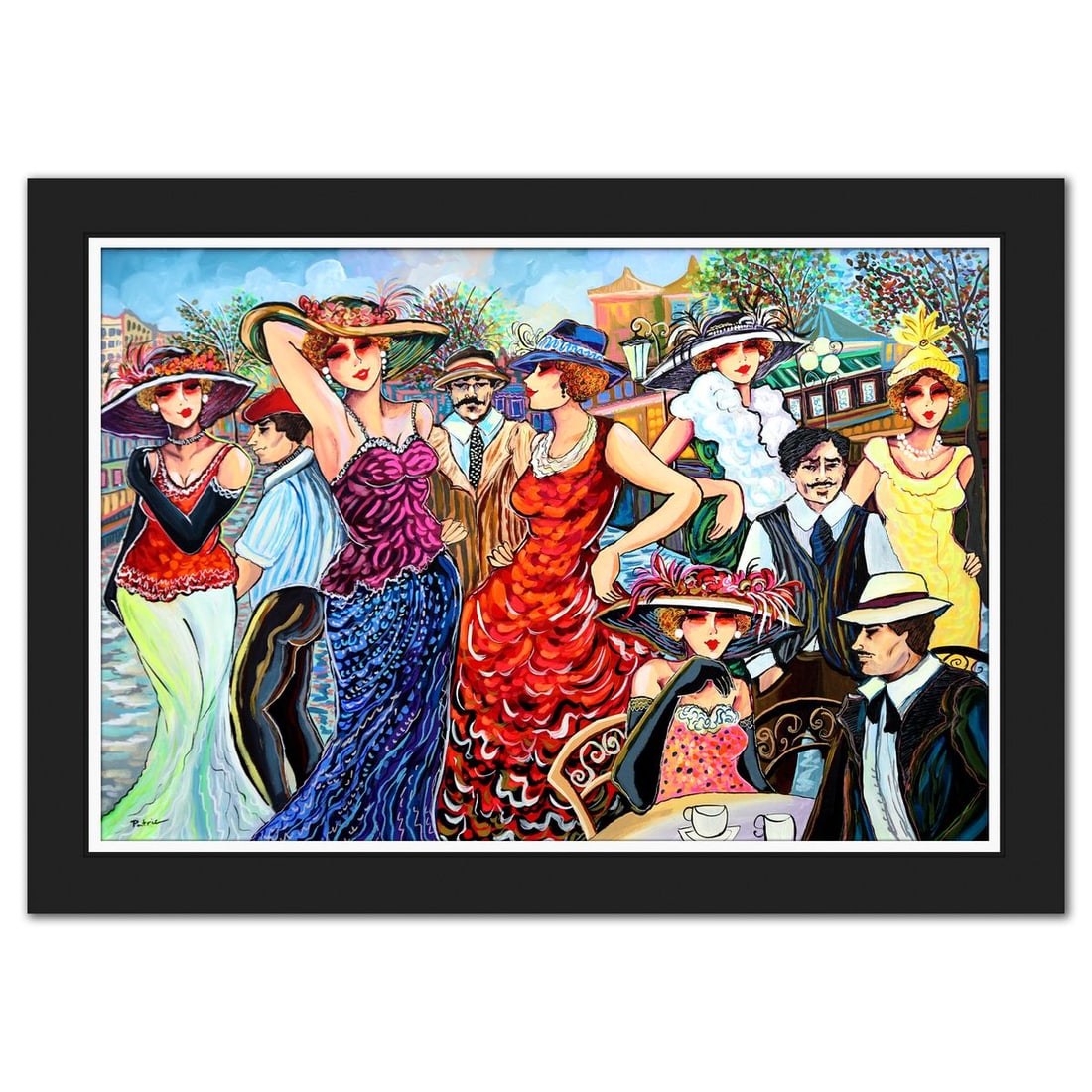 Patricia Govezensky- Original Acrylic on Canvas "Promenade of Elegant Ladies": Artist: Patricia Govezensky. Medium: Original Acrylic on Canvas. Title: Promenade of Elegant Ladies. Size: 24" x 36". Measures approx. 29" x 41" (framed). Signature: Hand signed. Certificate of