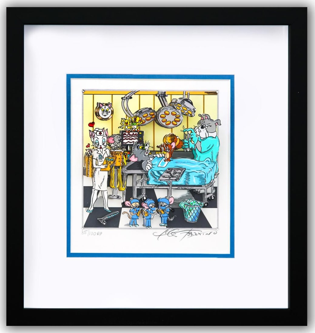 Charles Fazzino- 3D Construction Silkscreen Serigraph "Tom & Jerry's Surgical CATastrophe (Blue)": Artist: Charles Fazzino. Medium: 3D Construction Silkscreen Serigraph. Title: Tom & Jerry's Surgical CATastrophe (Blue). Size: 6" x 6". Measures approx. 14" x 14" (framed). Signature: Hand Signed and 
