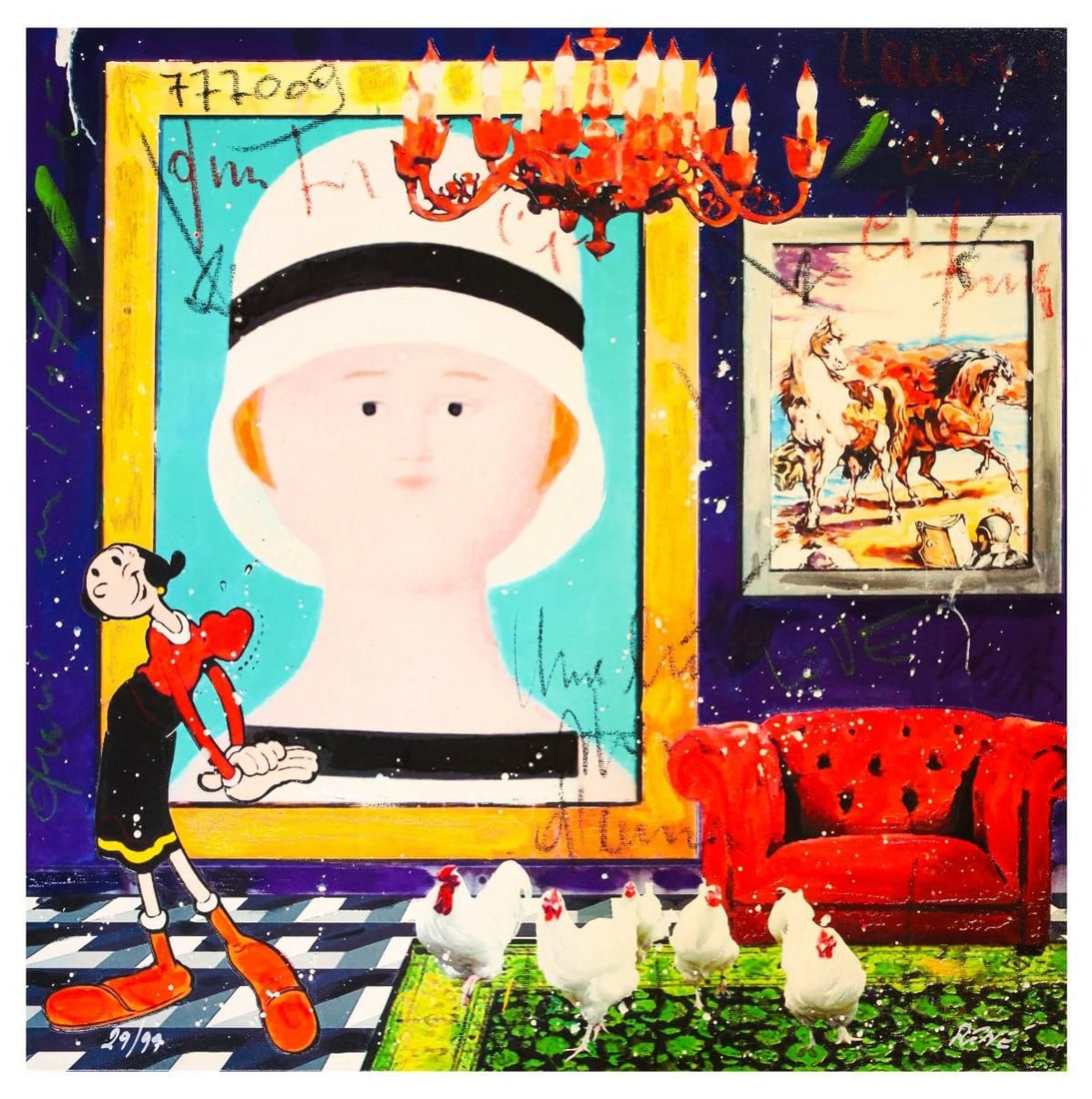 Rene- Silkscreen serigraph "A penny for your thoughts": Artist: Rene. Medium: Silkscreen serigraph. Title: A penny for your thoughts. Size: 24" x 24". Signature: Hand Signed and Numbered by the Artist. Certificate of Authenticity: Is Included. Reference#: 