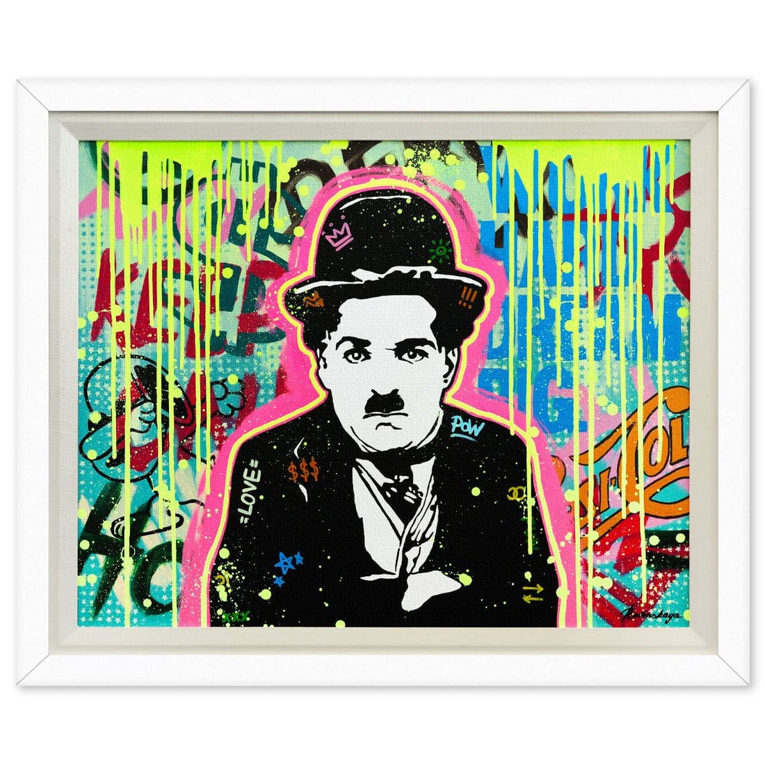 Nastya Rovenskaya- Original Oil on Canvas "Charlie in Color": Artist: Nastya Rovenskaya. Medium: Original Oil on Canvas. Title: Charlie in Color. Size: 24" x 30". Measures approx. 29" x 35" (framed). Signature: Hand Signed. Certificate of Authenticity: Is includ