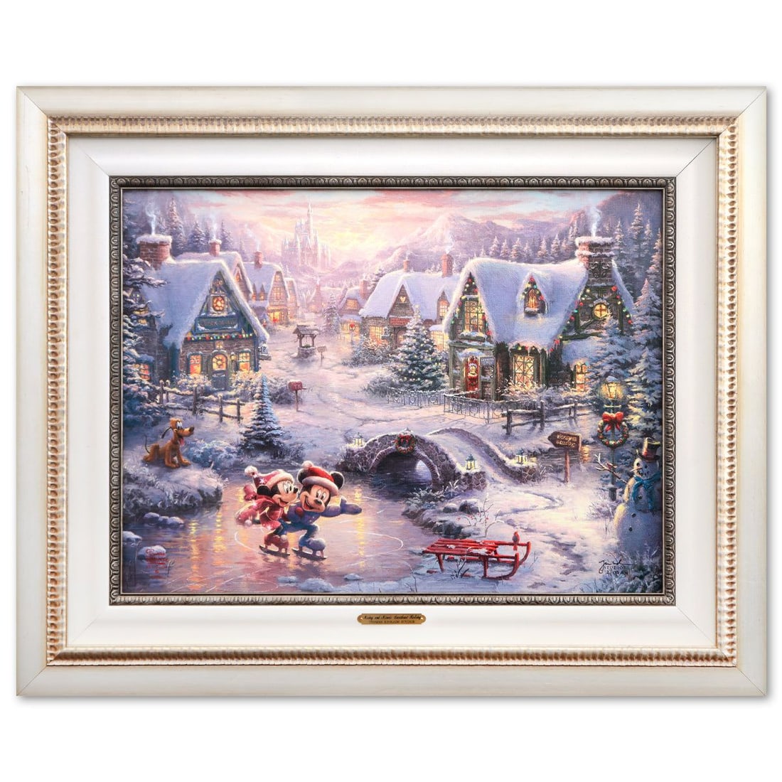 Thomas Kinkade- Hand Embellished Giclee on Canvas "Mickey and Minnie Sweetheart Holiday": Artist: Thomas Kinkade. Medium: Hand Embellished Giclee on Canvas. Title: Mickey and Minnie Sweetheart Holiday. Size: 17" x 24". Measures approx. 27" x 33" (framed). Signature: Hand signed and numbere