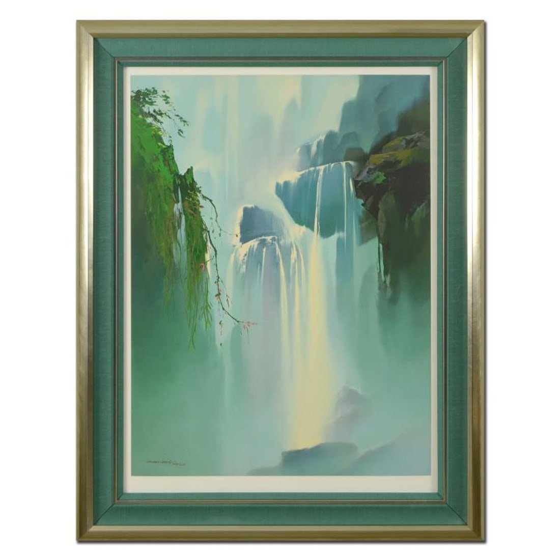 Thomas Leung, "Misty Falls" Framed Limited Edition, Numbered 164/275 and Hand Signed with Letter of: Misty Falls is a limited edition giclee on canvas by Thomas Leung, numbered 164/275 and hand signed by the artist. This piece comes framed. Includes Letter of Authenticity. Measures approx. 35.5" x 45