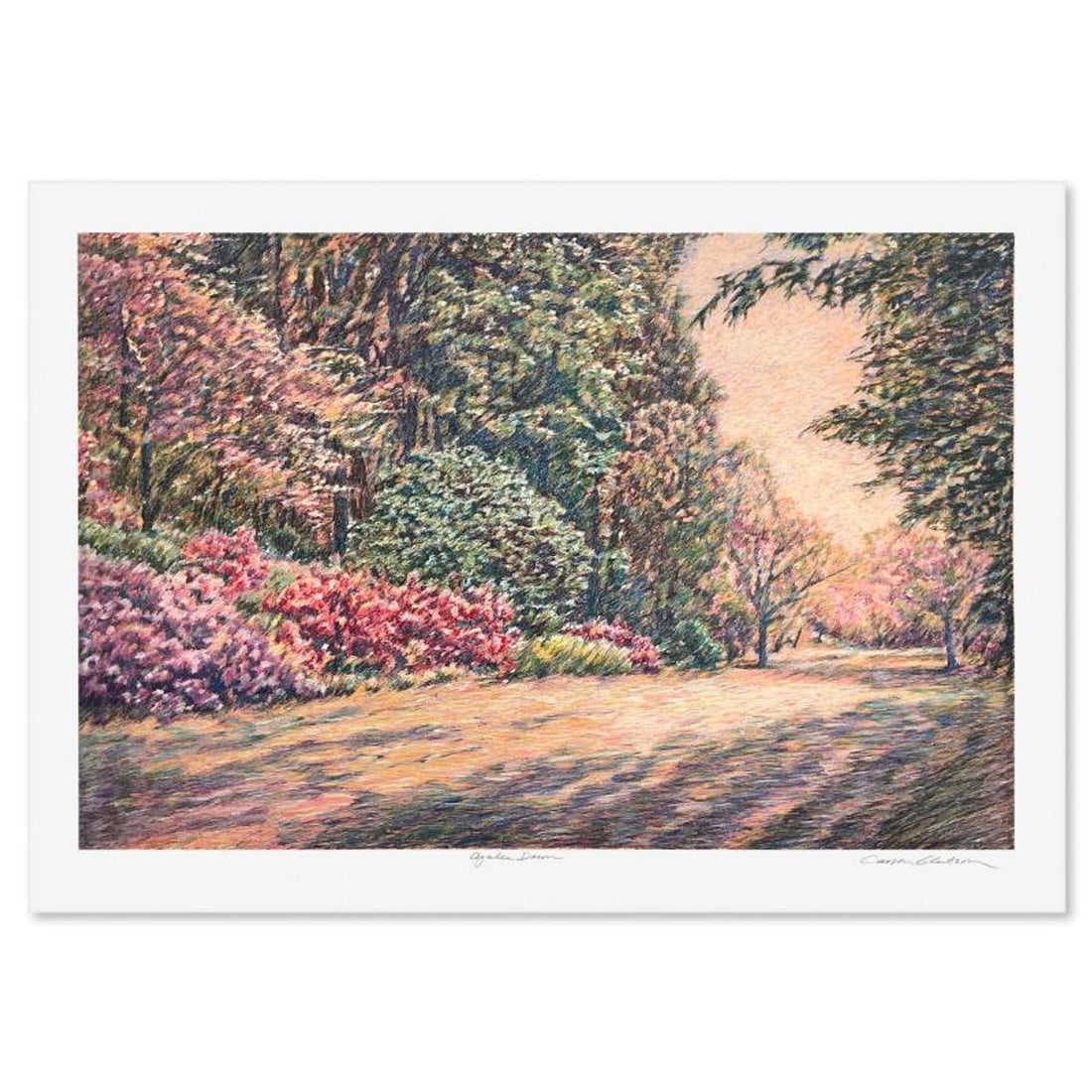 Carson Gladson (1940-2023), "Azalea Dawn" Limited Edition Serigraph, Numbered and Hand Signed with: Azalea Dawn is a limited edition serigraph on paper by Carson Gladson (1940-2023), numbered and hand signed by the artist. Includes Letter of Authenticity. Measures approx. 29.5" x 41.5" (border), 25"