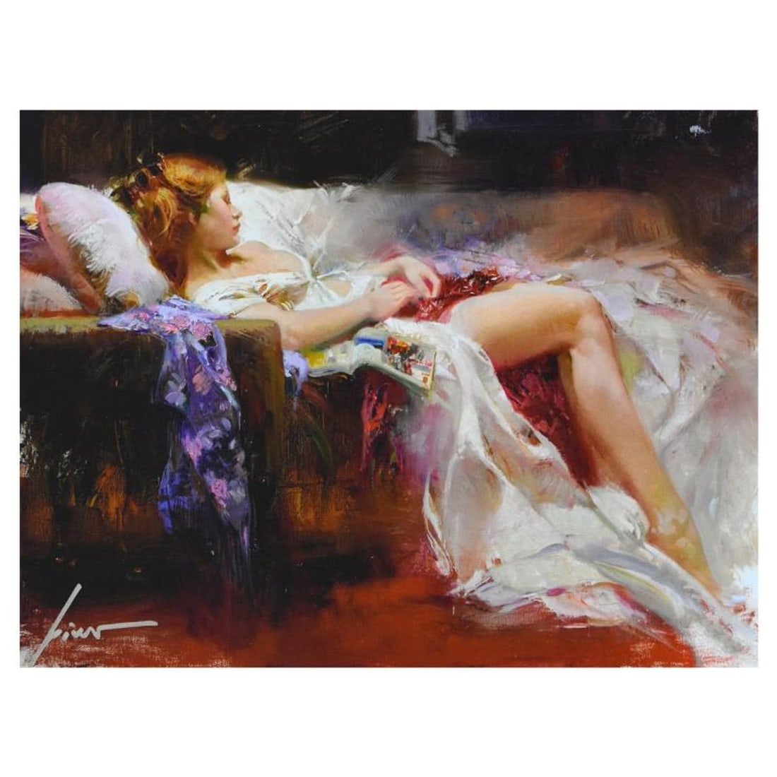 Pino (1939-2010), "Sweet Repose" Limited Edition Giclee on Canvas, Numbered and Hand Signed with: Sweet Repose is a limited edition giclee on canvas by Pino (1939-2010), numbered and hand signed by the artist. Includes Certificate of Authenticity. Measures approx. 16" x 12" (image). Reference#: 93